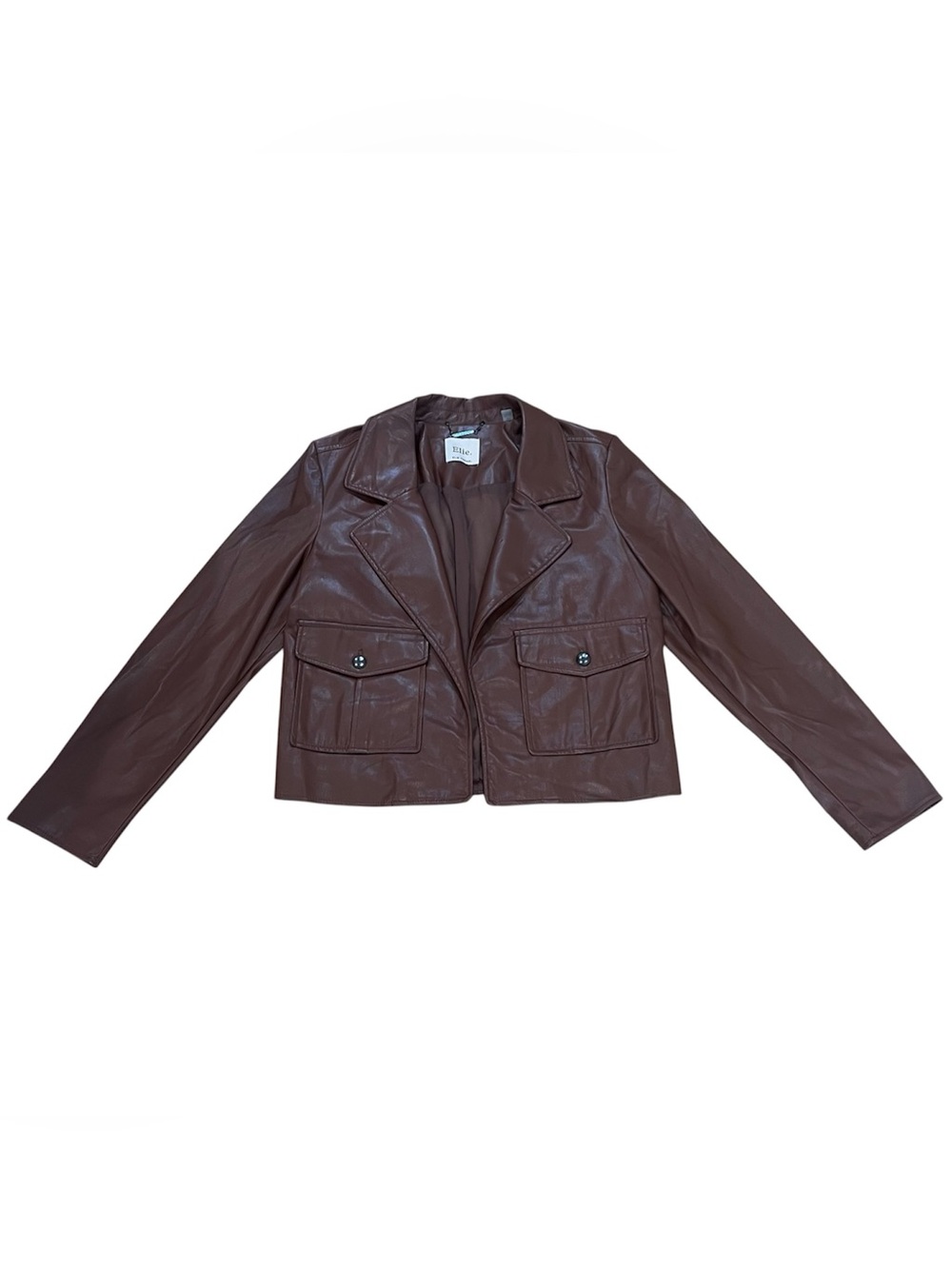Elie Tahari Faux Leather Jacket Womens Medium Brown Cropped Utility Blazer Chic